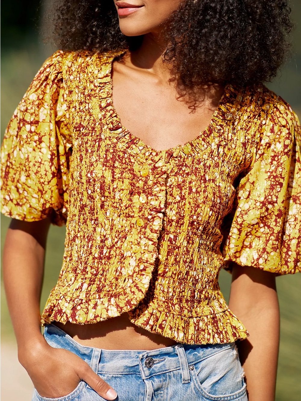 Anthropologie Love the Label Abstract Smocked Blouse